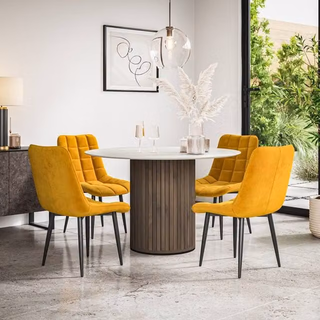 More4Homes Arlo White Marble Top Round Dining Table with Walnut Legs and 4 Nova Mustard Velvet Dining Chairs, W/D/H: 120 x 120 x 75 cm