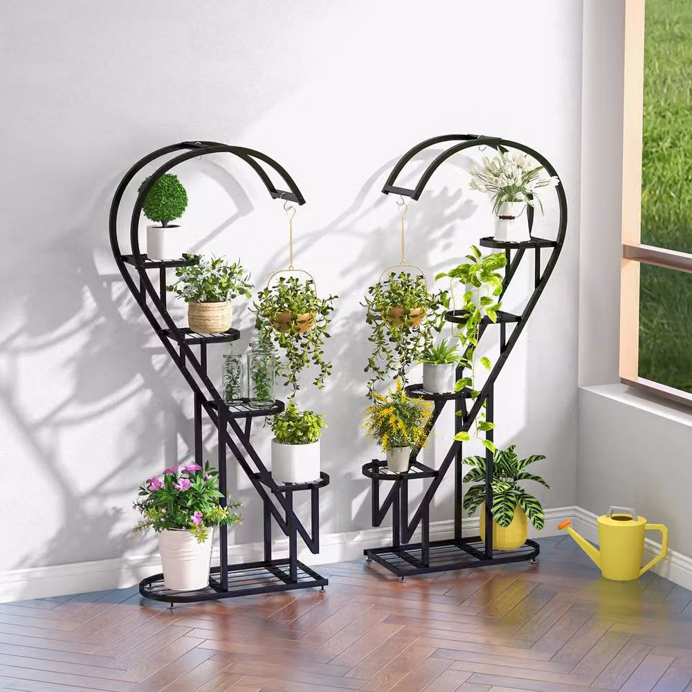 Costway 5 Tier Metal and MDF Heart-Shaped Ladder Plant Stand with Hanging Hook in Black – 4