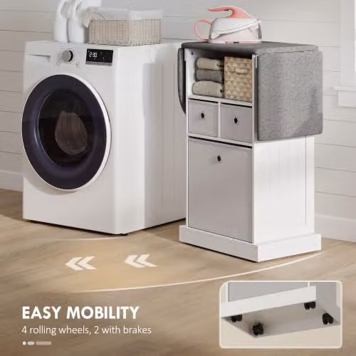 HOMCOM Ironing Board Cabinet on Wheels with Folding Ironing Top, White, W/D/H: 89.5 x 37.0 x 121.0 cm – 3