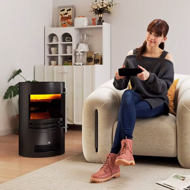 HOMCOM Electric Freestanding Stove Heater with Thermostat Control in Black