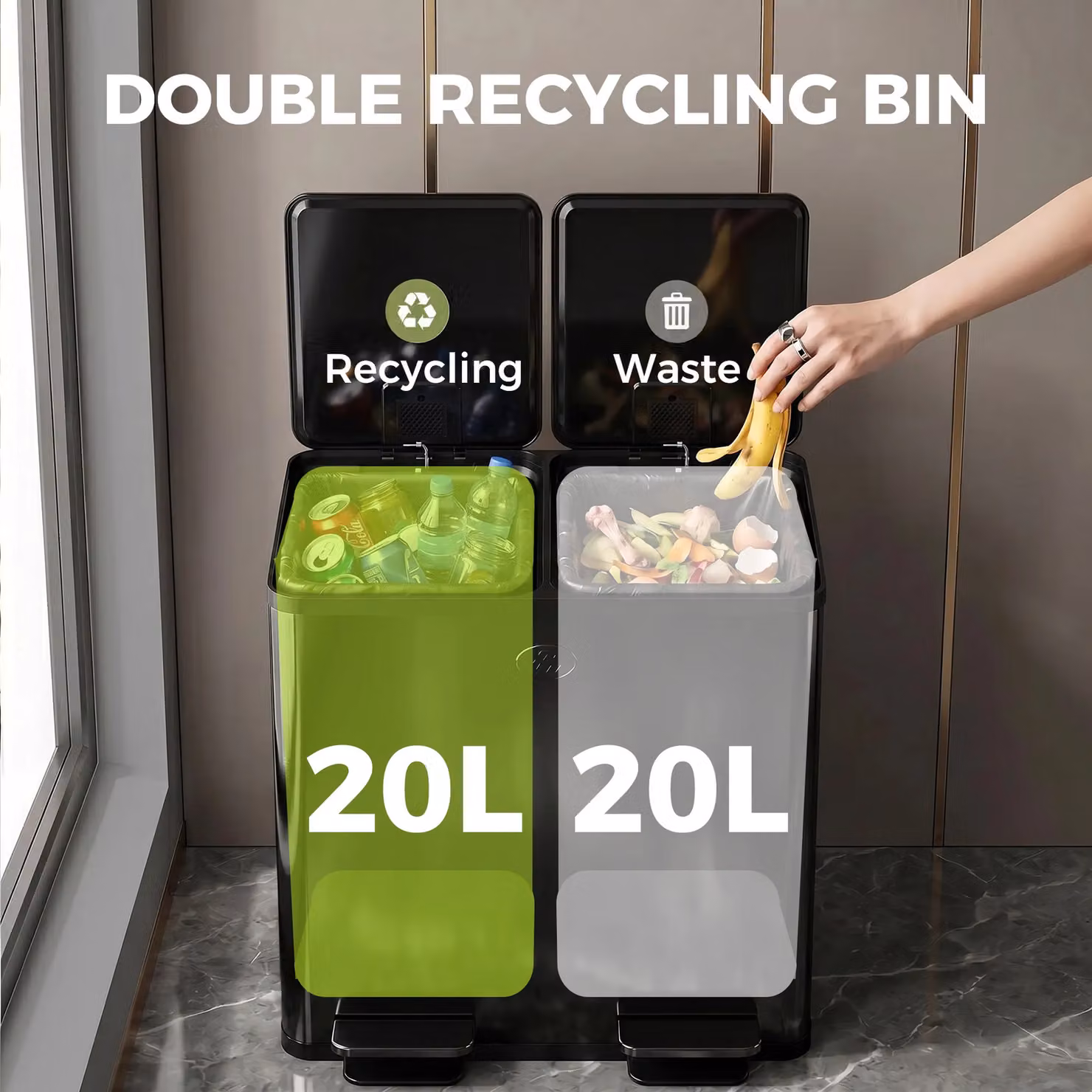 HOMCOM Dual Kitchen Pedal Bin for Recycling and Waste, 2 x 20L, Black – 4