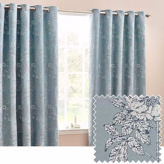 Wylder Nature Sophia Floral Jacquard Room Darkening Eyelet Curtains in Light Blue, Width: 117 cm, Drop: 183 cm – 1