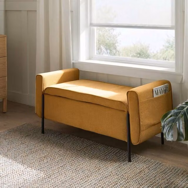 Wyld and Coco Mustard Lift Top Storage Bench in Yellow with Water Repellent Fabric and Metal Legs