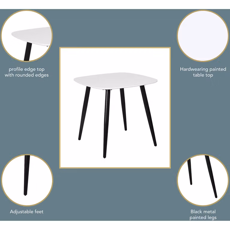 Core Products Aspen White Square Lacquered Dining Table with 2 Blue Chord Stitched Fabric Chairs, W/D/H: 120 x 80 x 75 cm