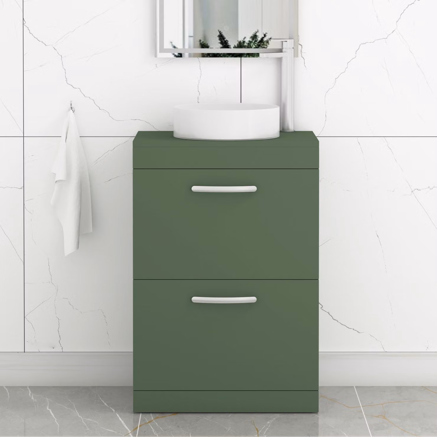 Royal Bathrooms Turin 600mm Floor Standing 2 Drawer Vanity Unit with Countertop Basin in Matt Green