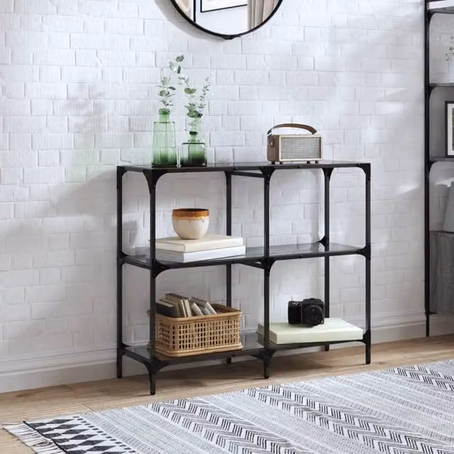 Berkfield Home Modern Console Table with Black Glass Top and Steel Frame, W/D/H: 98 x 30 x 81 cm