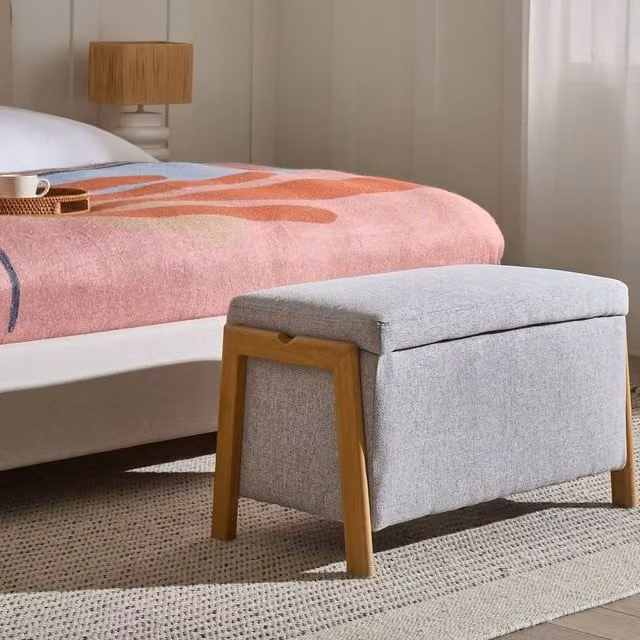 Wyld and Coco Storage Bench in Light Grey Woven Fabric with Iron Legs