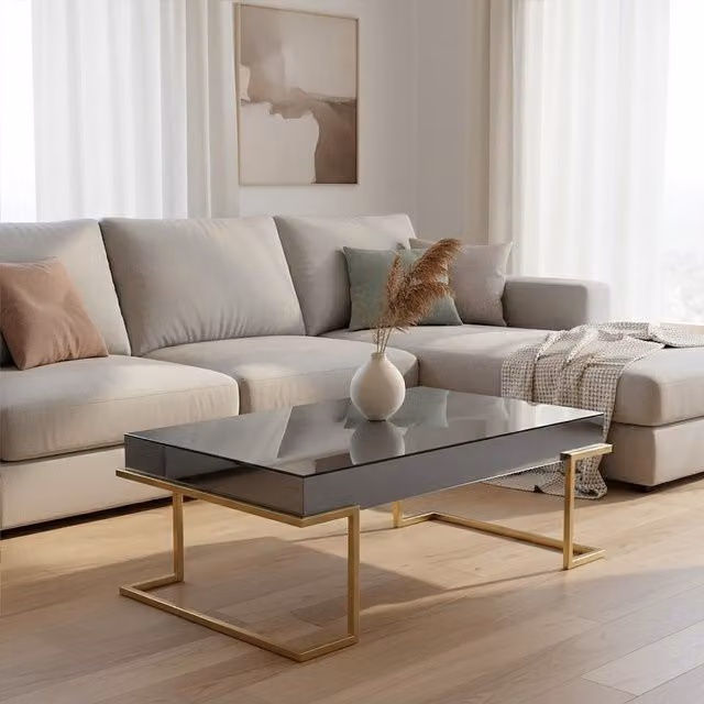 Orsina Premier Kaso Modern Rectangular Glass and Metal Coffee Table in Gold and Grey, W/D/H: 120 x 60 x 46 cm