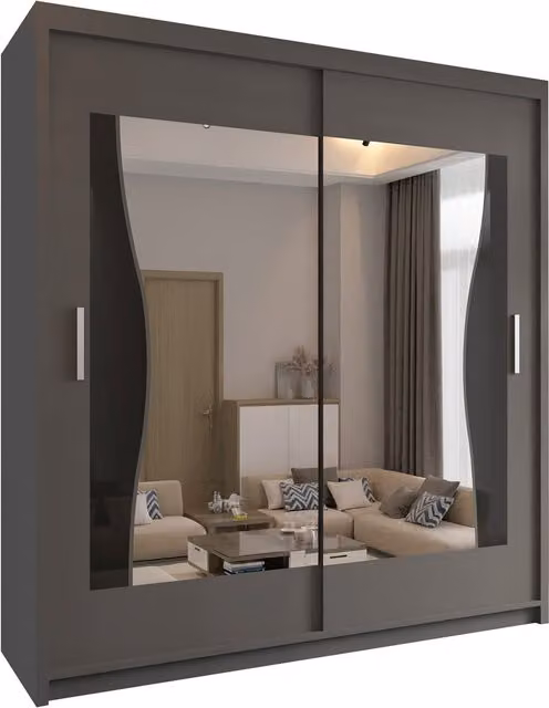 Sliding Wardrobes 4 u Modern Grey Sliding Wardrobe with Glass Doors and Mirror, Width: 180 cm