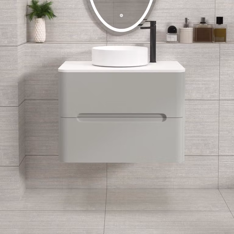 Royal Bathrooms Venice 700mm Wall Hung Vanity Unit with 2 Drawers, Dove Grey and Plain White Worktop with Art Basin