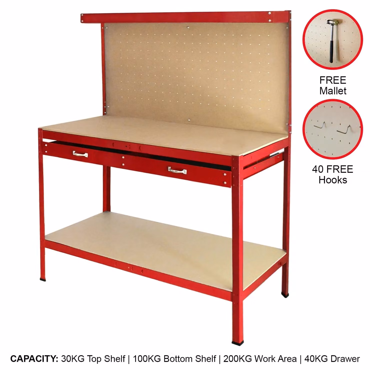 Monstershop Workbench with Pegboard and Drawer in Red, W: 120 cm, D: 60 cm, H: 200 cm – 2