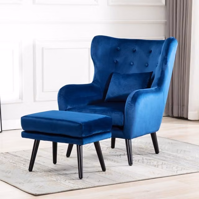 More4Homes Blue Velvet Classic Lounge Chair with Integrated Ottoman