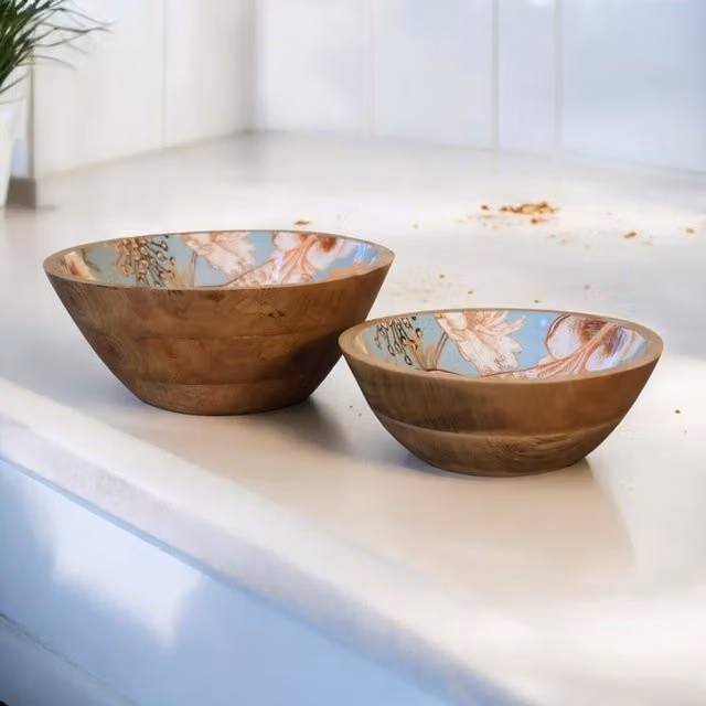 Artisan Furniture Floral Bird Bowl Set of 2 in Brown and Multicolour Wood
