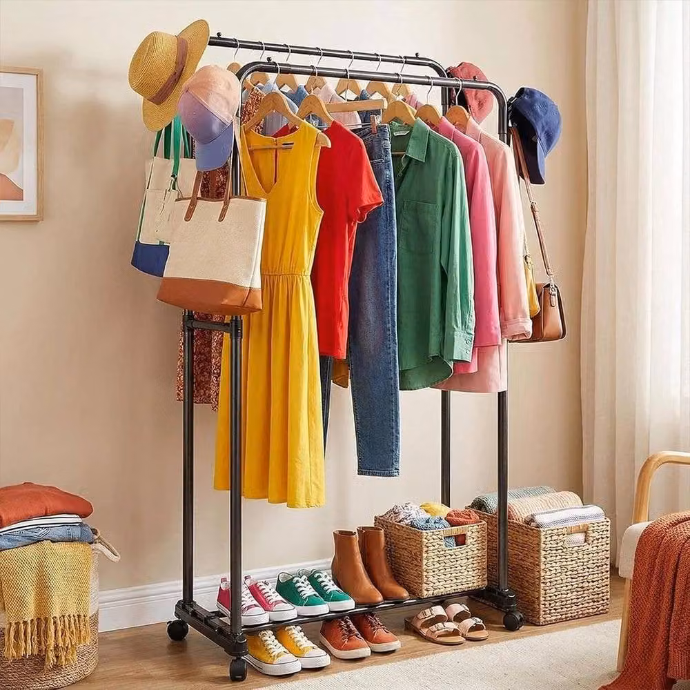 Kelvenix Double-Rod Rustproof Clothes Rail in Black, H 141.0 cm x W 95.0 cm – 3