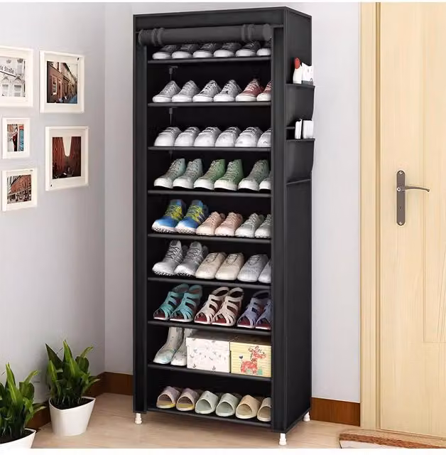 H&O Direct 10-Tier Modern Black Freestanding Shoe Cabinet with Roll-Up Shutter Doors, H 160 cm x W 60 cm x D 30 cm
