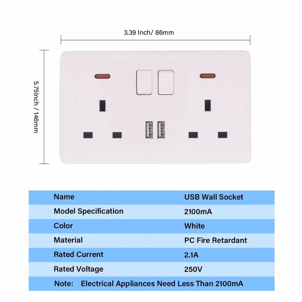 SPETLEK 5/3x White Double Wall Plug Socket with 2 USB Chargers, 2 Gang 13A UK Standard – 2