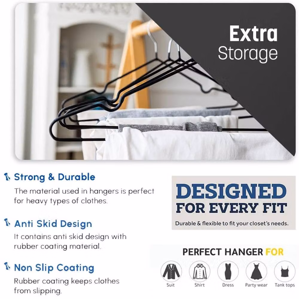 FLAVORA Metal Coat and Trouser Hangers with Bar in Black, W: 100 cm, H: 60 cm, D: 19 cm – 4