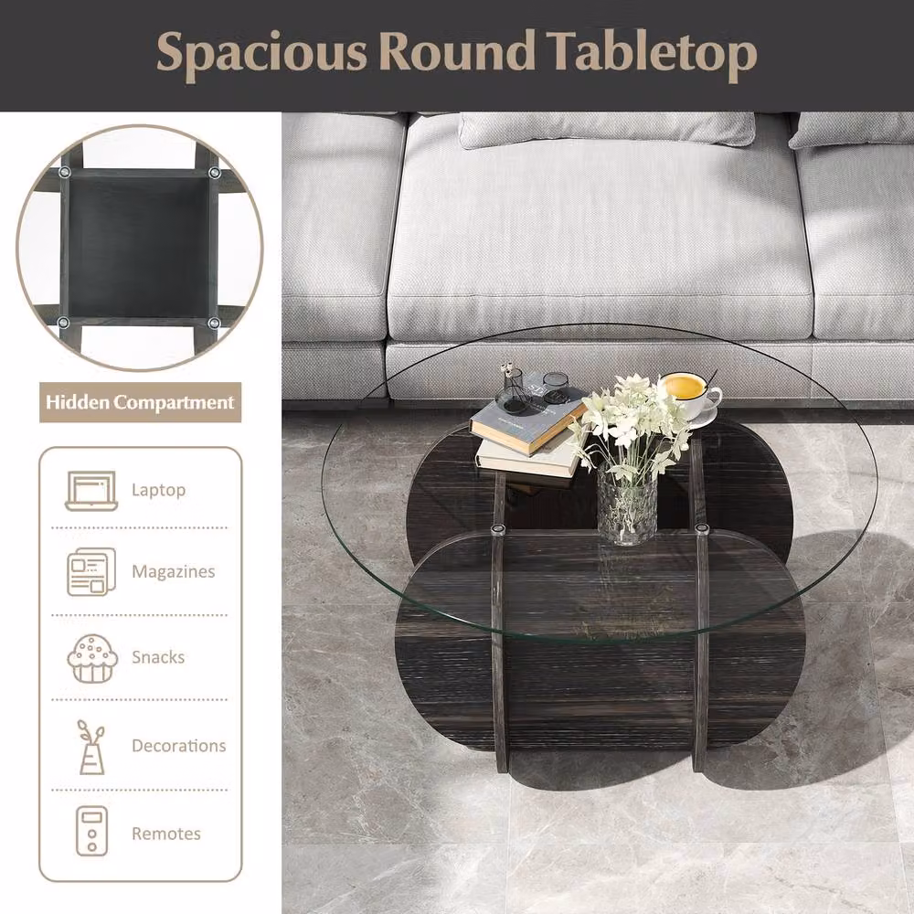 Gymax Round Coffee Table with Glass Top and Storage in Black, Diameter: 89 cm – 3