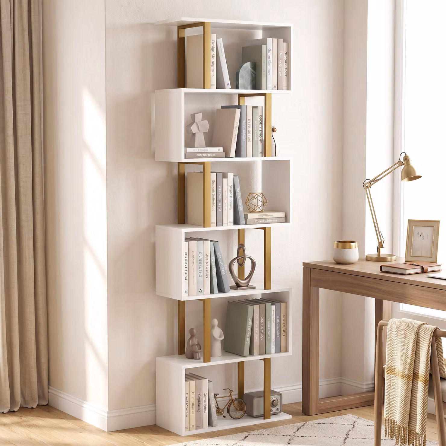 HOMCOM Industrial Freestanding Bookshelf in White and Gold, H: 188 x W: 60 x D: 23.5 cm – 2