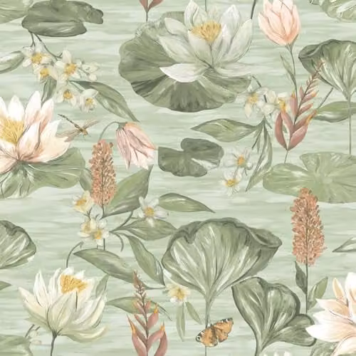 Holden Decor Rural Paradise Lily Pad Wallpaper in Green with Modern Floral Marsh and Pond Pattern