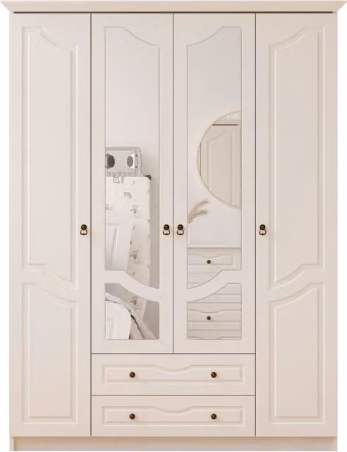 EVUHOME Chloe 4 Door 2 Drawer Mirrored Wardrobe in White, H 210 x W 140 x D 52 cm