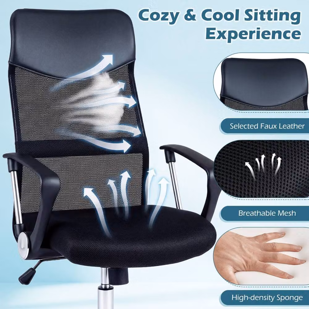 Costway Black Mesh Office Chair with Reclining Backrest, Armrests and Swivel Function for Home Office – 9