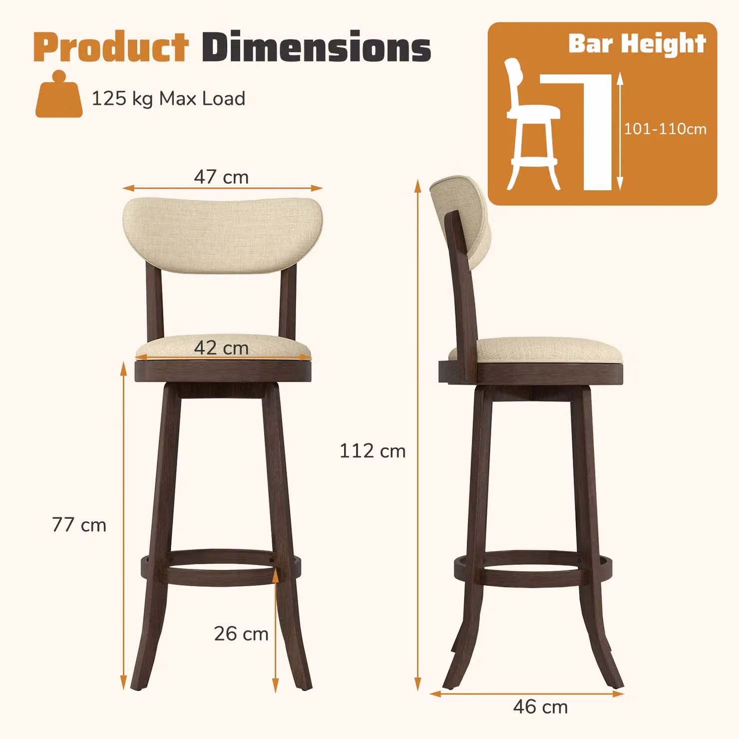 Costway Set of 2 Beige Swivel Counter Height Stools with Fabric Upholstery and Rubberwood Legs – 2