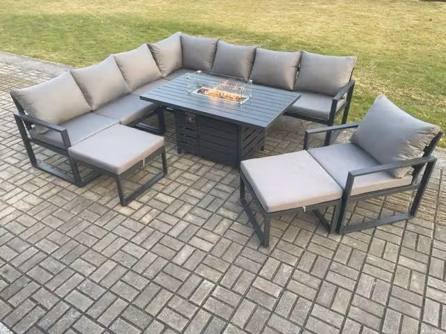 Fimous 10 Seater Aluminium Garden Furniture Set with Gas Fire Pit Dining Table, Chairs and 2 Footstools in Dark Grey