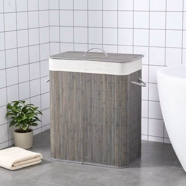 STILVORA 100L 2-Section Foldable Fabric Laundry Basket with Lid and Handles, Grey – 1