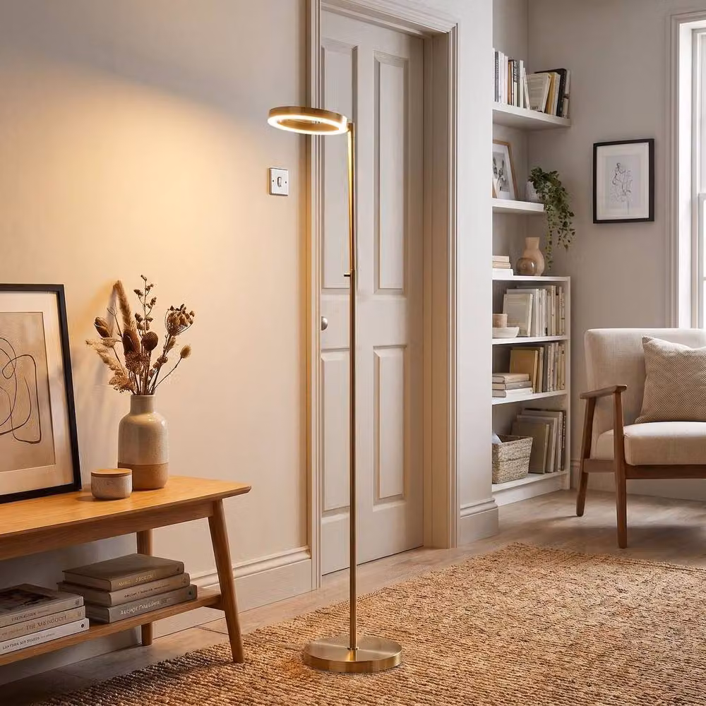 Happy Homewares Modern LED Halo Ring Floor Lamp in Gold/Brass with CCT Dimmer – 2