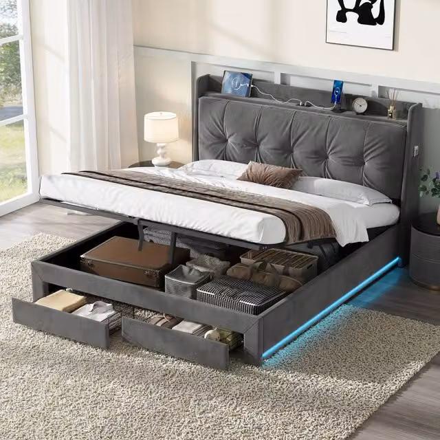 Merax Grey Velvet King Size Ottoman Storage Bed Frame with LED Lighting and USB Charging Port, W/D/H: 150 x 200 x 111 cm – 1