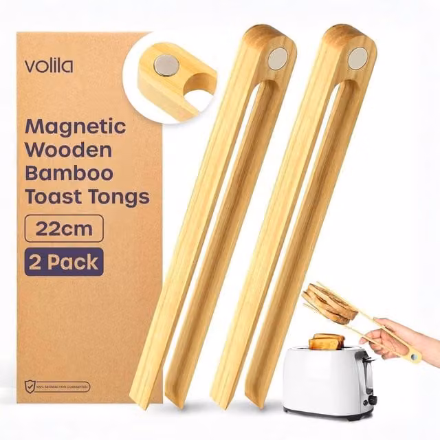 Volila 2 Pack Reusable Bamboo Toast Tongs, Brown, Length: 22 cm – 1