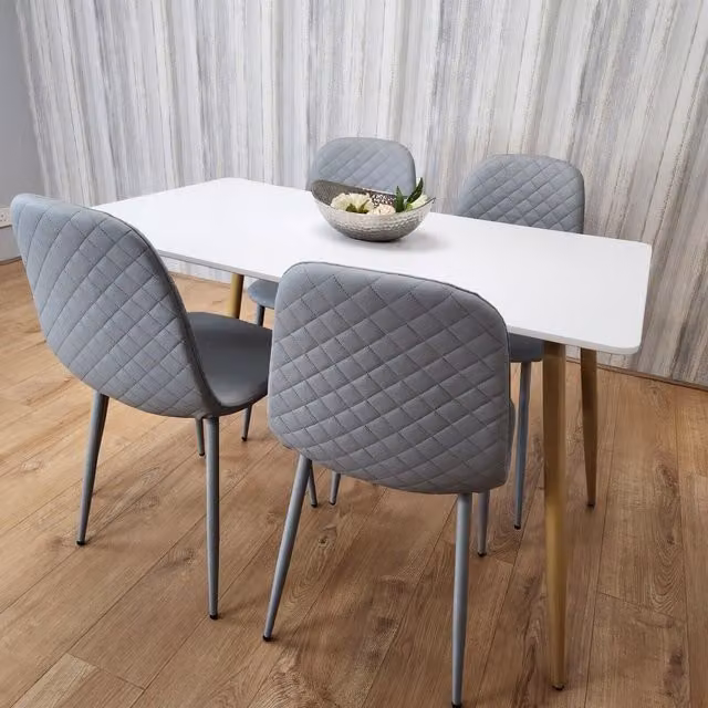 Kosy Koala Modern Rectangle White Dining Table Set with 4 Grey Geometric Pattern Chairs in Brown