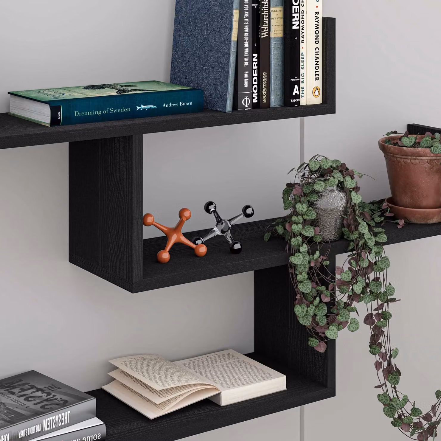 Decortie Tibet Wall-Mounted Modern Bookcase Display Unit in Black Wood, Width: 120 cm – 4
