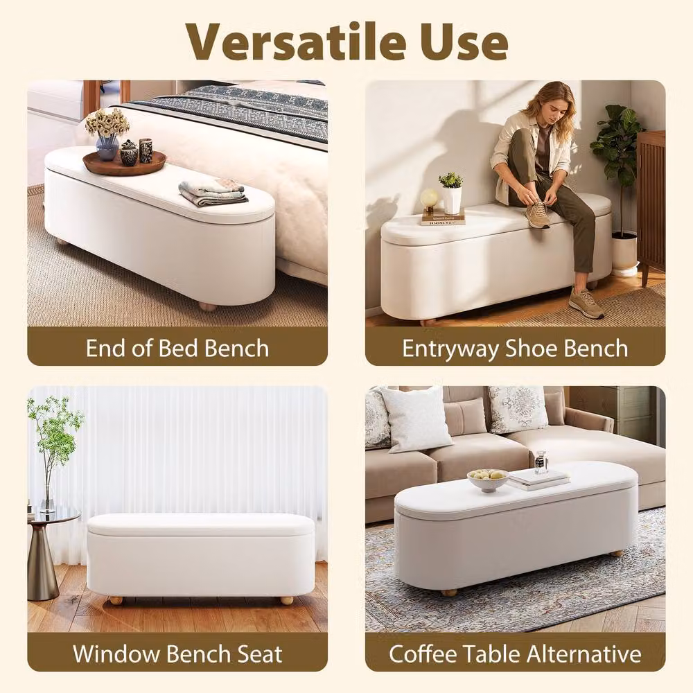 Gymax Oval Storage Bench Ottoman with Flip Top and Rubberwood Legs in White – 3
