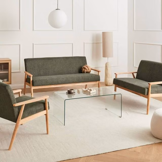 Wyld and Coco 3-Piece Mid-Century Retro Living Room Sofa Set in Green and Light Brown – 1