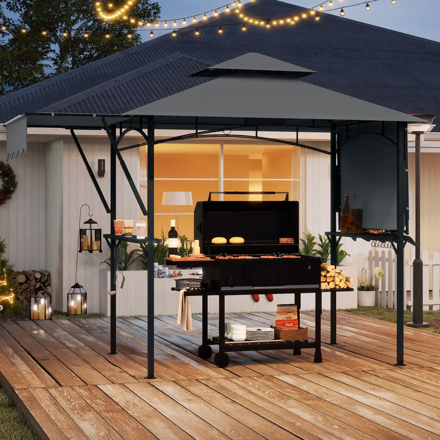 Costway Grill Gazebo with Dual Side Awnings in Grey, W: 398 cm, D: 256 cm, H: 153 cm – 3