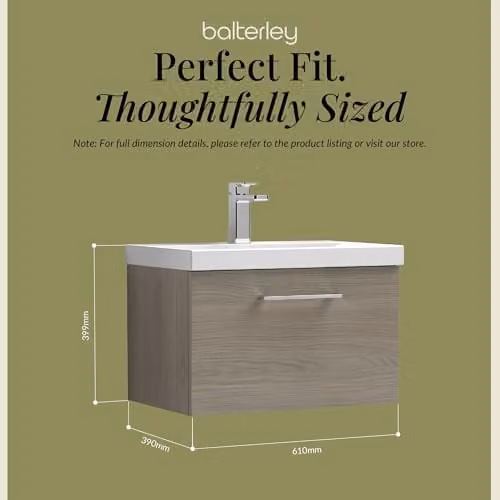 Balterley Wall Hung Single Drawer Vanity Unit with Basin in Woodgrain Grey, W/D/H: 61.0 x 39.0 x 39.9 cm – 2