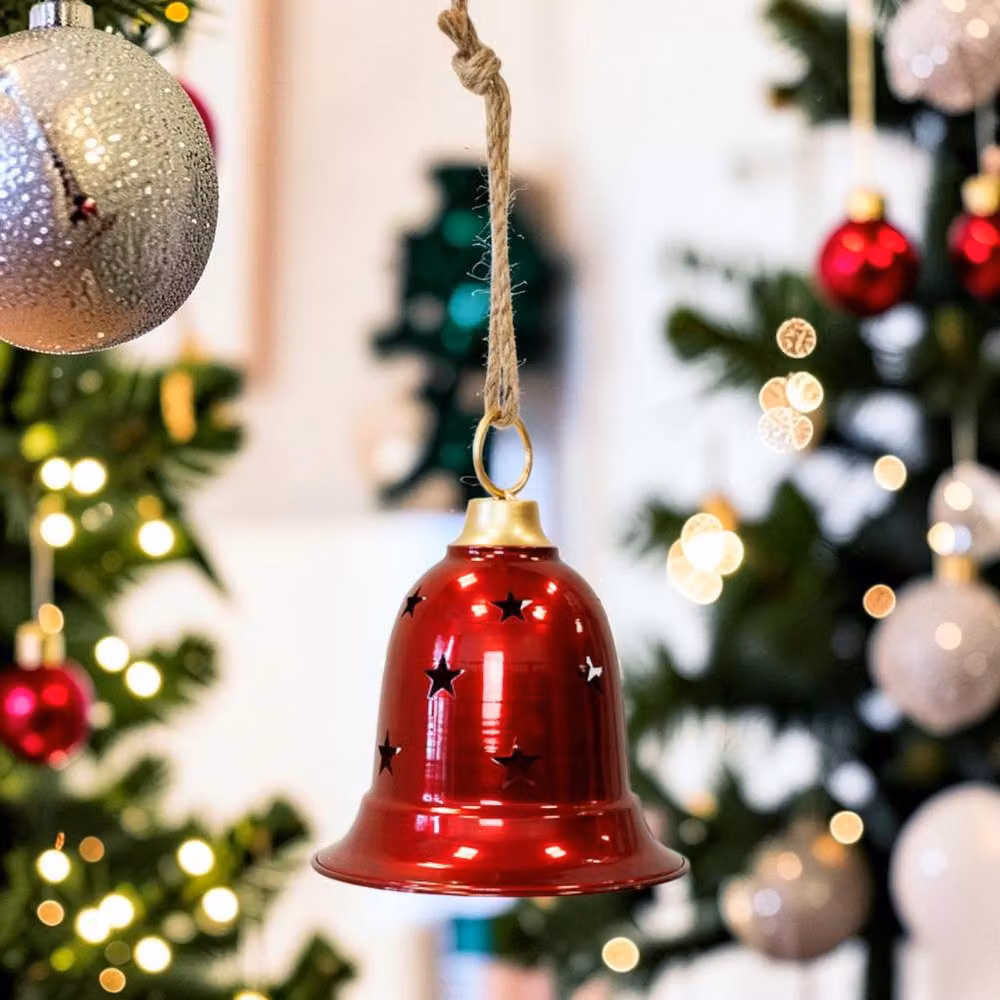 Four Candle Glossy Red and Gold Metal Christmas Bell Pendant with Star Cutout Detail – 2