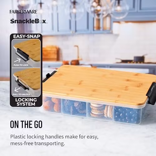 Farberware Multi-Purpose Snack Box with 11 Dividers and Bamboo Chopping Board Lid, Brown, W/D/H: 40.5 x 30 x 9.3 cm – 3