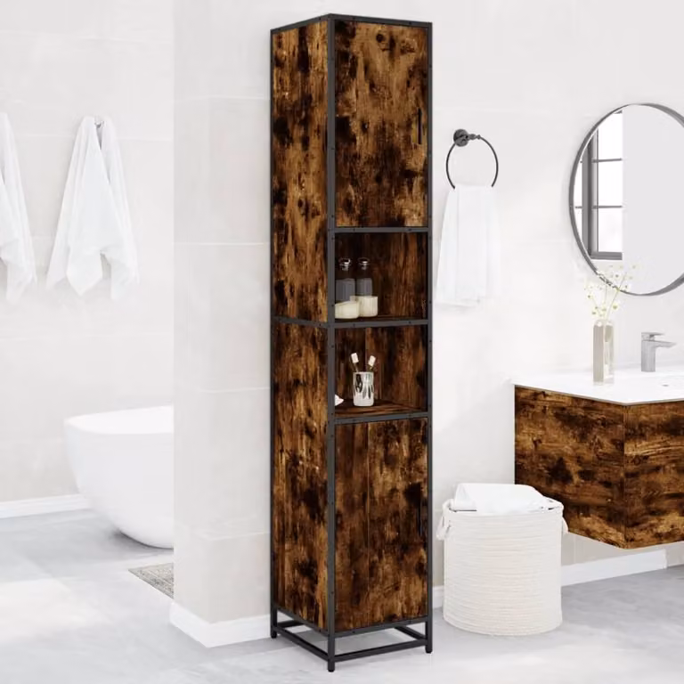 Berkfield Home Sturdy Bathroom Cabinet in Smoked Oak Brown, W/D/H: 35 x 37.5 x 188.5 cm