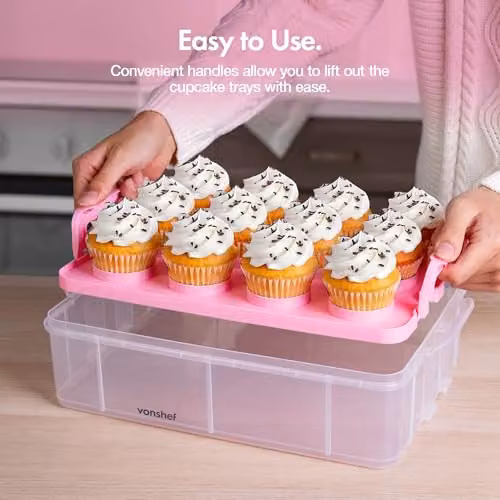 VonShef Pink Three Tier Stackable Cupcake Carrier with Handle and Airtight Snap Lid, Holds 36 Cupcakes – 3