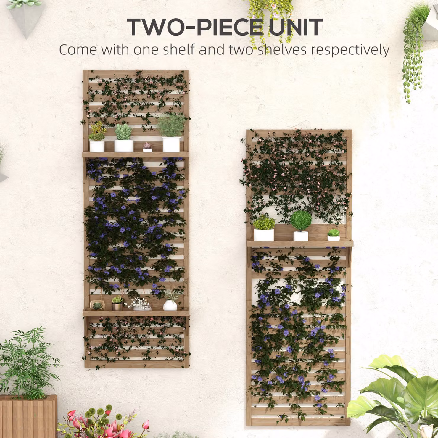 Outsunny Set of 2 Brown Fir Wood Wall Mounted Plant Stands with Shelves and Slatted Trellis – 3