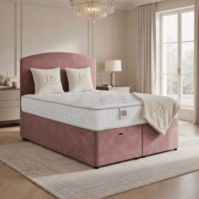 DS Living Opulence Pink Velvet Upholstered Ottoman Bed, W/D/H: 140 x 200 cm