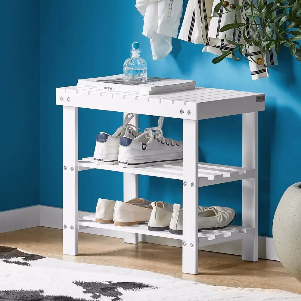 SoBuy White Solid Wood Slatted Entrance Shoe Rack and Bench – 7