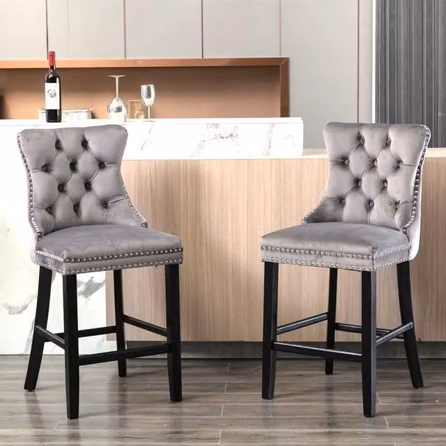 HomeTouch Set of 2 Grey Velvet Kitchen Breakfast Barstools with Wooden Legs – 1