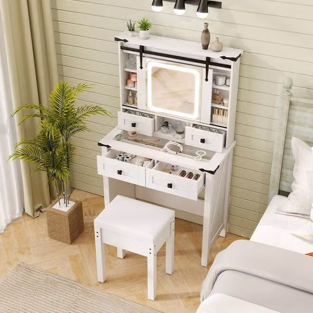 Costway Makeup Vanity Desk Set with Hollywood LED Mirror and Stool in White