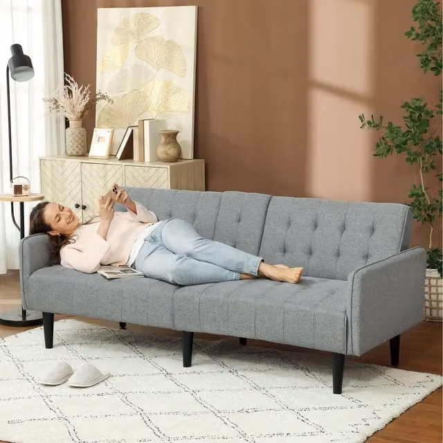 HOMCOM 3 Seater Upholstered Sofa Bed with Storage and Cupholders, Light Grey