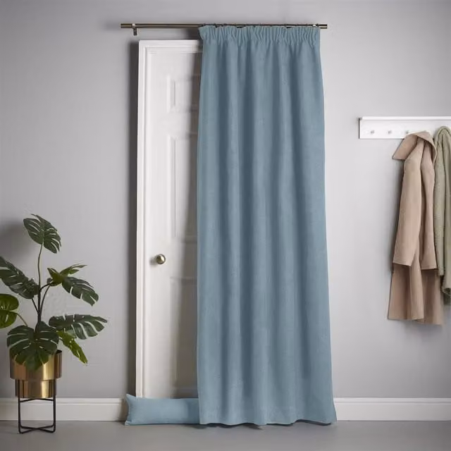 Livinluxury Velvet Chenille Thermal Fleece Lined Blackout Pencil Pleat Taped Top Door Curtain in Petrol Blue