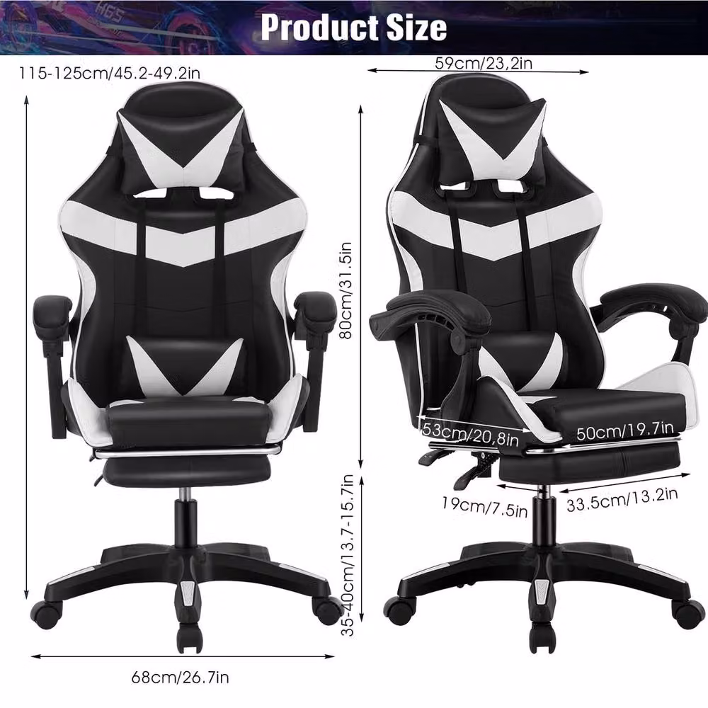 VOGREX Ergonomic Black and White PU Leather Gaming Chair with Headrest and Armrests – 2